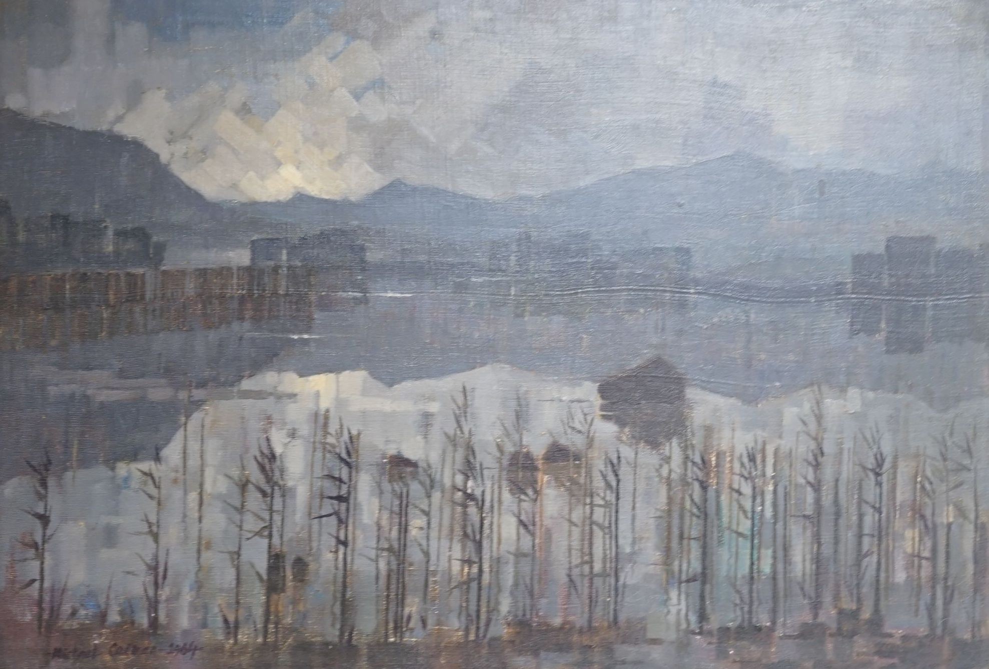 Michael Cadman (1920-2012), oil on board, Lake viewed through reeds, signed and dated 1964, 44 x 65cm